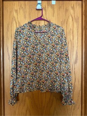 SHEIN Floral V-Neck Long-Sleeve Top in Black, Yellow, Blue